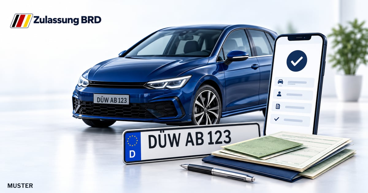 Online Fahrzeugzulassung in Bad Dürkheim: Musterkennzeichen DÜW AB 123, Auto und Fahrzeugpapiere und Smartphone. Illustration mit Logo von Zulassung BRD.